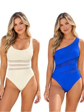 Classic off White One-Piece & Electric Blue One-Shoulder Swimsuits Size Small